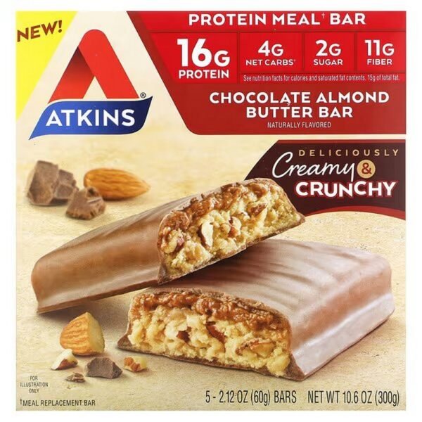Atkins, Protein Meal Bars, Chocolate Almond Butter Bars, 5 Bars, 60 g (2.12 oz.) Each,Atkins, Protein Meal Riegel, Schokolade-Mandel-Butter-Riegel, 5 Riegel, je 60 g (2,12 oz.)