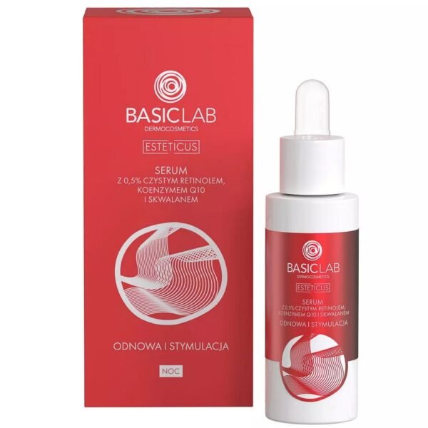 BasicLab,BasicLab Esteticus Serum serum with 0.5% pure Retinol. Coenzyme Q10 and Squalane 30ml,BasicLab Esteticus Serum serum z 0.5% czystym Retinolem. Koenzymem Q10 i Skwalanem 30ml