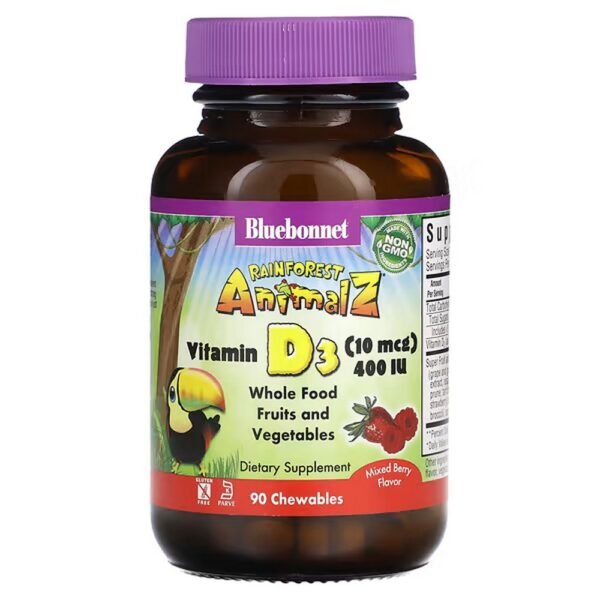Bluebonnet Nutrition, Rainforest Animalz, Vitamin D3, 400 IU, 90 Chewable Tablets,Bluebonnet Nutrition, Rainforest Animalz, витамин D3, 400 МЕ, 90 жевательных таблеток