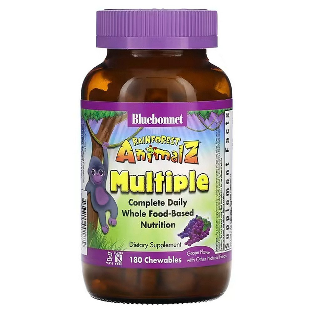 bluebonnet nutrition rainforest animalz whole food multivitamin natural grape flavor 180 animal gummies