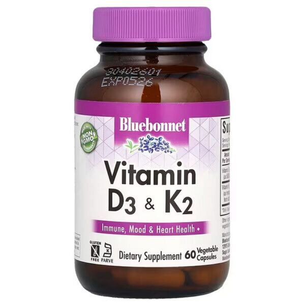 Bluebonnet Nutrition, Vitamin D3 and K2, 60 vegetable capsules,Bluebonnet Nutrition, витамины D3 и K2, 60 вегетарианских капсул