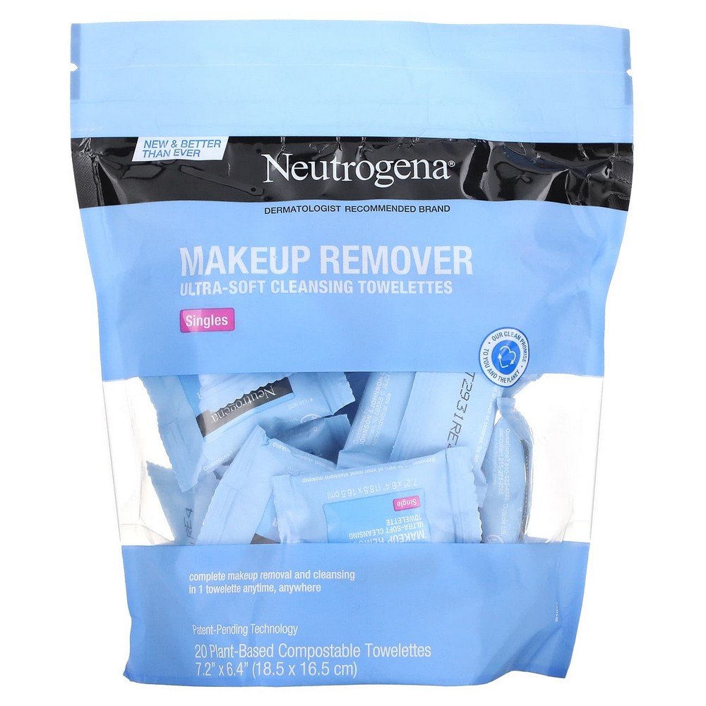 neutrogena makeup remover ultra soft cleansing towelettes singles 20 plant based compostable towelettes