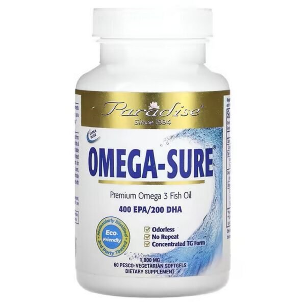 Paradise Herbs, Omega Sure, Premium Omega-3 Fish Oil, 1,000 mg, 60 Pesco Vegetarian Softgels,Paradise Herbs, Omega Sure, hochwertiges Omega-3-Fischöl, 1.000 mg, 60 pesco-vegetarische Weichkapseln
