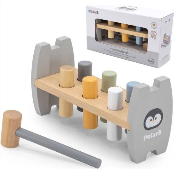 The wooden hammer is a suitable toy for little DIYers. While playing, the child hammers wooden pegs into the holes in the board, learning patience. The toy supports motor skills and coordination of movements.