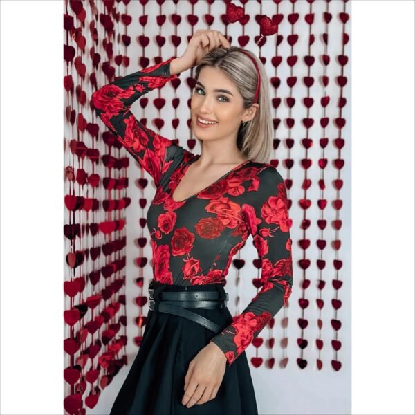 Clamodi Patterned Long Sleeve Bodysuit with Neckline Leeds Black