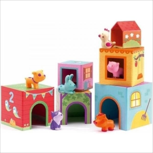 DJECO building blocks with animals and their homes offer many ways to play. You can build a tower or a row of blocks, placing them inside each other from the largest to the smallest and vice versa.