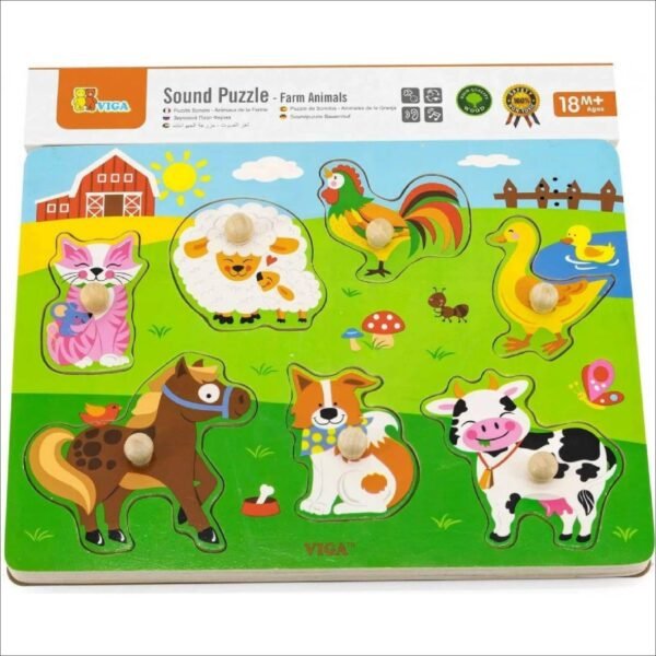 Seven pets make a characteristic sound when inserted. Individual pieces have wooden handles for easier handling.