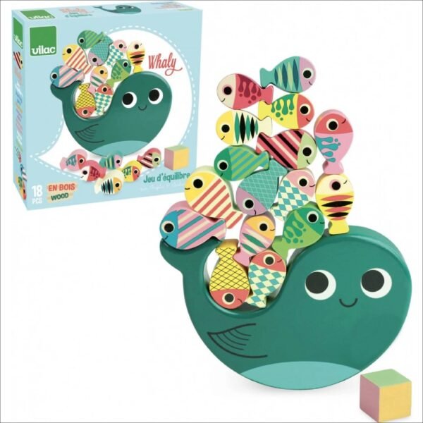 Roll the dice and try to stack all the fish on the whale according to the color on the dice.