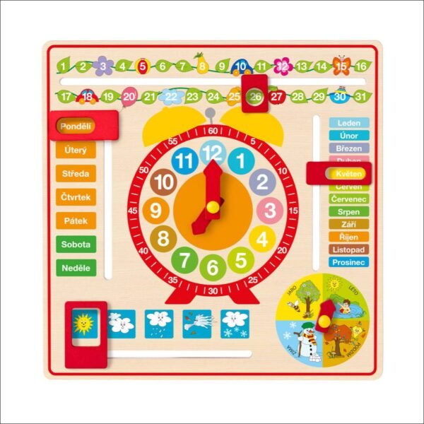 The educational wall clock with hands offers children a fun way to learn about the passage of time. The hands on the dial show the hours, the days are listed in the left column, the months in the right. The four seasons are shown in the lower right column.