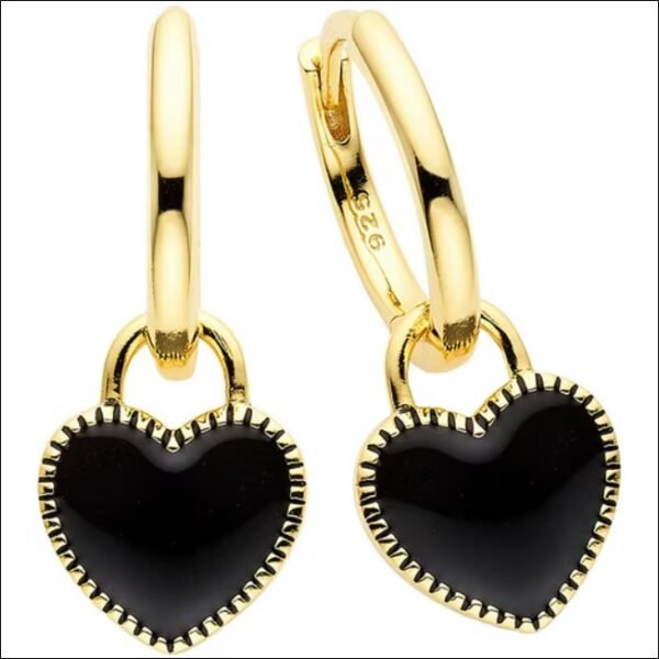 Pair of Hoop Earrings Jewelry Gift with Enamel Heart Pendant Black;Paire de Créoles Bijoux Cadeau avec Pendentif Coeur en Émail Noir